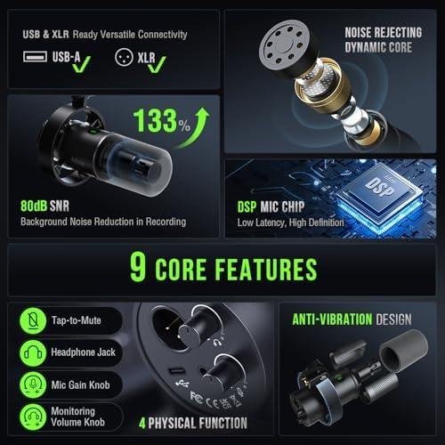         FIFINE Microfone dinâmico, microfone para PC de gravação de podcast XLR/USB para streaming vocal, mic de metal de estúdio com mudo, conector de fone ouvido, controle de volume de monitoramento- K688       