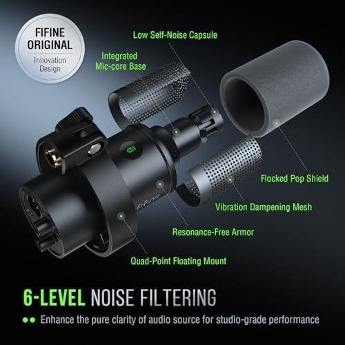         FIFINE Microfone dinâmico, microfone para PC de gravação de podcast XLR/USB para streaming vocal, mic de metal de estúdio com mudo, conector de fone ouvido, controle de volume de monitoramento- K688       