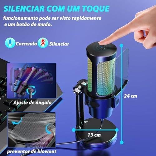         Microfone Gamer Condensador USB de Mesa para PC - Microfone Profissional para Streaming e Gravação       