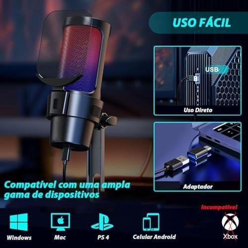         Microfone Gamer Condensador USB de Mesa para PC - Microfone Profissional para Streaming e Gravação       