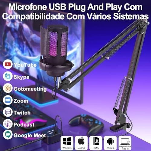 Microfone USB Gaming PC, Microfone RGB para PC/Notebook, Mic with Boom Arm, Microphone Condensador de mesa/Braço, Live, Podcast, Gravação de Audio, Karaoke, Gamer Youtuber DJ Microfone USB Gaming PC, Microfone RGB para PC/Notebook, Mic with Boom Arm, Microphone Condensador de mesa/Braço, Live, Podcast, Gravação de Audio, Karaoke, Gamer Youtuber DJ
