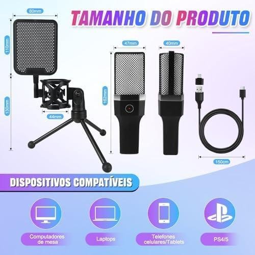 Microfone USB para PC, Streaming, Podcasts, Gravação, para Computador no Mac/PS4/PS5, Microfone Jogos, Microfone Gamer, Microfone de Mesa, Microfone, Microfone Condensador com Suporte de Tripé Microfone USB Condensador é Bom?