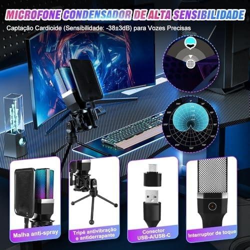 Microfone USB para PC, Streaming, Podcasts, Gravação, para Computador no Mac/PS4/PS5, Microfone Jogos, Microfone Gamer, Microfone de Mesa, Microfone, Microfone Condensador com Suporte de Tripé Microfone USB para PC, Streaming, Podcasts, Gravação, para Computador no Mac/PS4/PS5, Microfone Jogos, Microfone Gamer, Microfone de Mesa, Microfone, Microfone Condensador com Suporte de Tripé