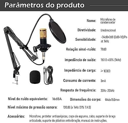 Microfone Condensador, Kit Microfone Condensador com Braço Articulado e Pop Filter para Transmissão Ao Vivo, Podcast, Gravação de Audio Microfone Condensador, Kit Microfone Condensador com Braço Articulado e Pop Filter para Transmissão Ao Vivo, Podcast, Gravação de Audio