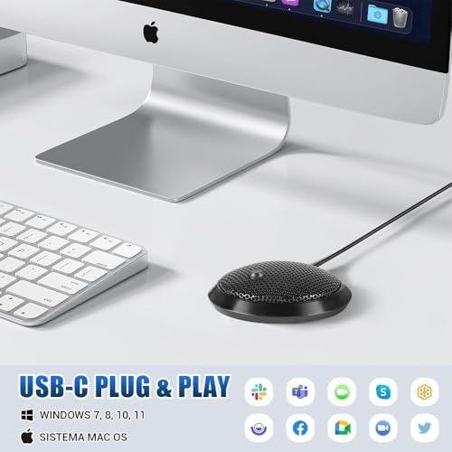 Microfone de Mesa para pc, Microfone de Conferência USB, Microfone Condensador Omnidirecional de 360° com Tecla Silenciosa Microfone de Mesa para pc, Microfone de Conferência USB, Microfone Condensador Omnidirecional de 360° com Tecla Silenciosa
