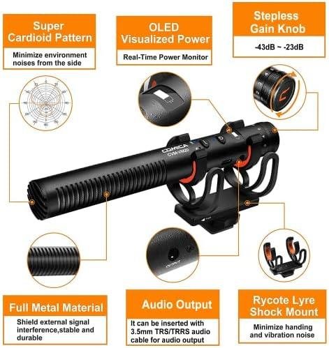 Microfone Shotgun comica VM20, Microfone de câmera supercardióide com suporte antichoque Rycote, Windscreen, Display de energia OLED, Microfone de vídeo para smartphones, câmeras DSLR, tablets Microfone Shotgun comica VM20, Microfone de câmera supercardióide com suporte antichoque Rycote, Windscreen, Display de energia OLED, Microfone de vídeo para smartphones, câmeras DSLR, tablets