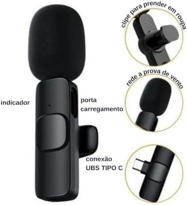         Microfone Sem Fio Duplo com Receptor USB Tipo-C, Microfones de Lapela para Gravação, Preto       