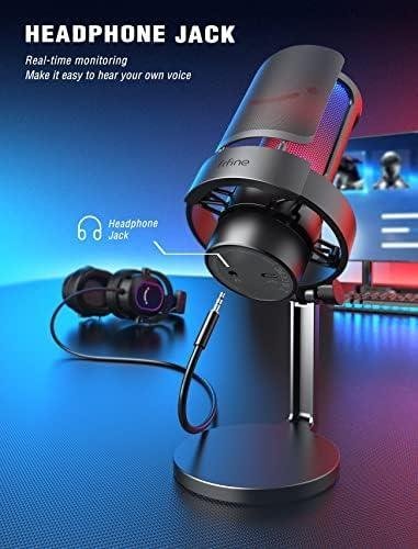         FIFINE USB Microfone jogos para PC,streaming,podcasts,gravação,microfono condensador de mesa para computador,compatível com Mac/PS4/PS5,com controle RGB,toque mudo,conector para fone ouvido- A8 Preto       