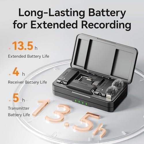         ULANZI A100 Microfone de lapela sem fio Microfone de lapela para câmera e telefone com USB C/3,5 mm/plugue, 32KHz 16Bit, cancelamento de ruído, bateria de 13,5 horas       