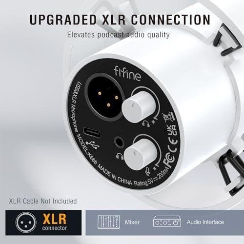         FIFINE Microfone dinâmico XLR estúdio,microfone USB para podcast PC para gravação streaming, vocal XLR/USB mic com Tap-to-Mute,botão de ganho,monitoramento de fones ouvido-Amplitank K688 Branco       