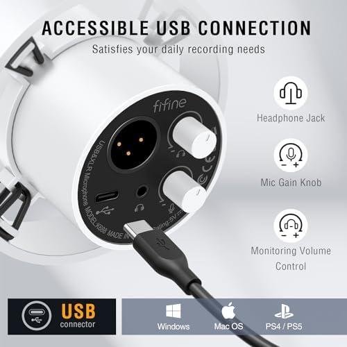         FIFINE Microfone dinâmico XLR estúdio,microfone USB para podcast PC para gravação streaming, vocal XLR/USB mic com Tap-to-Mute,botão de ganho,monitoramento de fones ouvido-Amplitank K688 Branco       