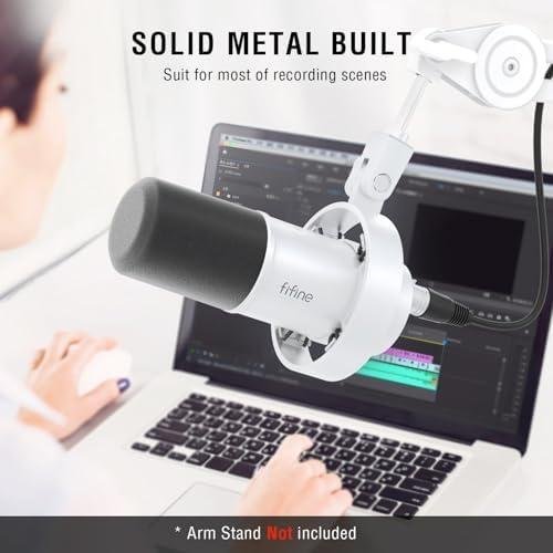         FIFINE Microfone dinâmico XLR estúdio,microfone USB para podcast PC para gravação streaming, vocal XLR/USB mic com Tap-to-Mute,botão de ganho,monitoramento de fones ouvido-Amplitank K688 Branco       