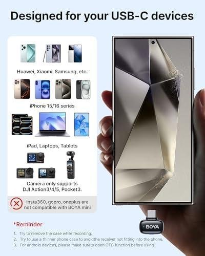         Microfone Lapela Boya Mini-14 USB-C Sem Fio Preto, Áudio Profissional Gravações e Lives, Compativel Dispositivos USB-C, Discreto e Portátil, Ideal para Profissionais e Criadores de Conteúdo       