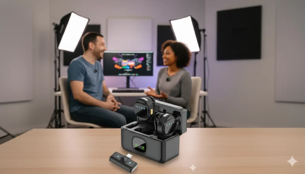 Microfone de Lapela Sem Fio USB-C Duplo