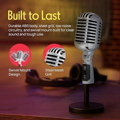         Pyle Microfone vocal dinâmico retrô clássico - Microfone cardioide unidirecional estilo vintage antigo com cabo XLR - compatível com suporte universal - Performance ao vivo, gravação em estúdio       