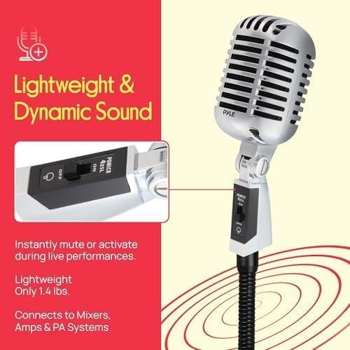         Pyle Microfone vocal dinâmico retrô clássico - Microfone cardioide unidirecional estilo vintage antigo com cabo XLR - compatível com suporte universal - Performance ao vivo, gravação em estúdio       