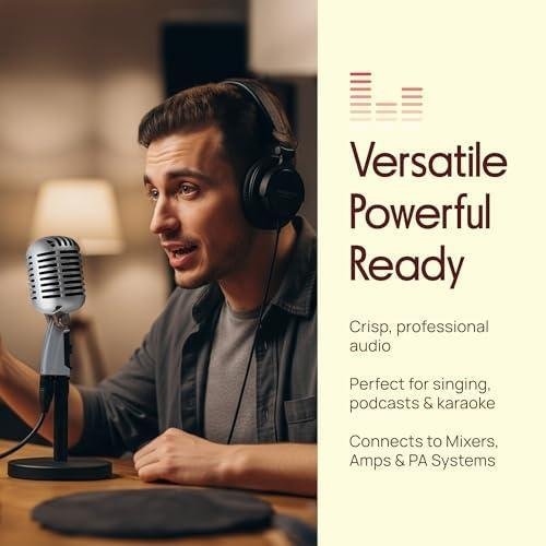         Pyle Microfone vocal dinâmico retrô clássico - Microfone cardioide unidirecional estilo vintage antigo com cabo XLR - compatível com suporte universal - Performance ao vivo, gravação em estúdio       