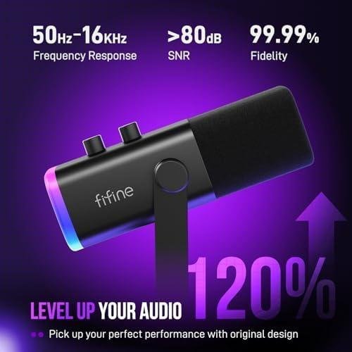         FIFINE Microfone dinâmico USB/XLR para gravação de podcast,microfone streaming para jogos de computador com RGB,botão de mudo,conector para fones de ouvido,suporte de mesa，para cantar e YouTube- AM8       