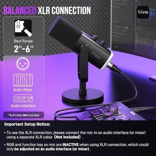         FIFINE Microfone dinâmico USB/XLR para gravação de podcast,microfone streaming para jogos de computador com RGB,botão de mudo,conector para fones de ouvido,suporte de mesa，para cantar e YouTube- AM8       