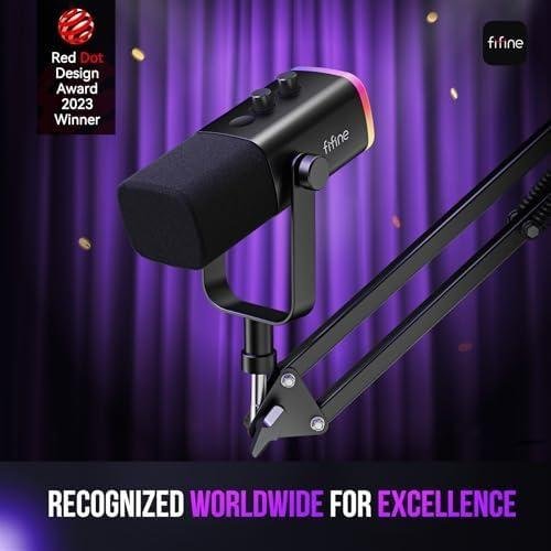 FIFINE conjunto de microfone para jogos XLR/USB, mic dinâmico para PC para podcasting, kit de microfone RGB para computador com suporte para braço de lança,para gravação de voz vocal-AM8T Preto FIFINE AM8T