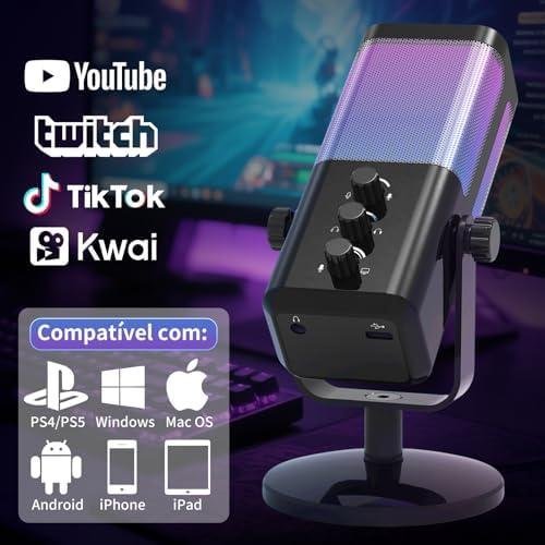         Microfone de Mesa XLR/USB para Podcasting, Microfone Gamer para PC com Controle de Ganho, Botão de Mudo, Saída de Monitor e Funcionalidade Plug-and-Play (Roxo)       