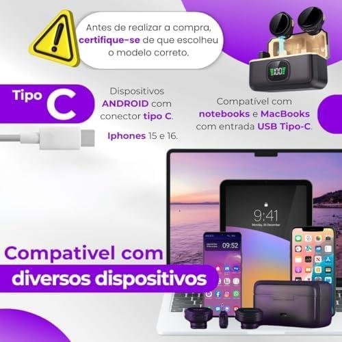 Microfone de Lapela Sem Fio Tipo C Kit Duplo com Case de Carregamento | Compatível com iPhone 15/16 Android USB-C e Notebooks | IA Antirruído | TikTok, Podcast, Gravações, Vídeo Aulas Online (Preto) Microfone de Lapela Sem Fio USB-C Duplo
