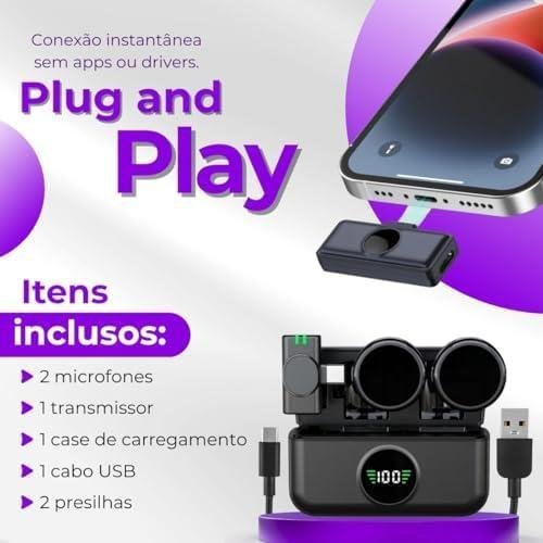 Microfone de Lapela Sem Fio Tipo C Kit Duplo com Case de Carregamento | Compatível com iPhone 15/16 Android USB-C e Notebooks | IA Antirruído | TikTok, Podcast, Gravações, Vídeo Aulas Online (Preto) Microfone de Lapela Sem Fio Tipo C Kit Duplo com Case de Carregamento | Compatível com iPhone 15/16 Android USB-C e Notebooks | IA Antirruído | TikTok, Podcast, Gravações, Vídeo Aulas Online (Preto)