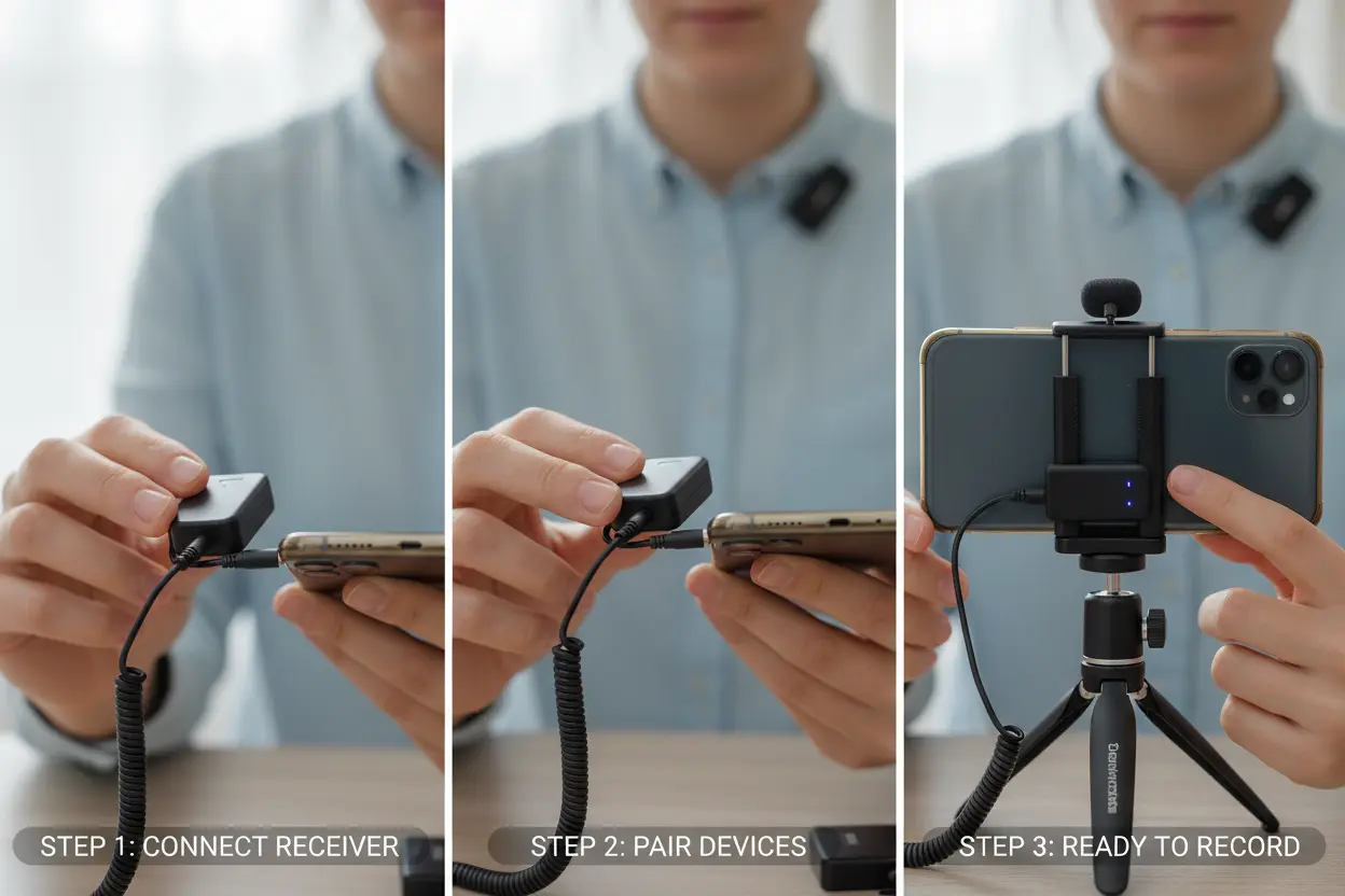 Mãos configurando um microfone lapela sem fio em um smartphone.