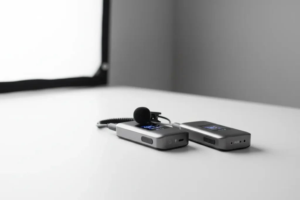 Microfone lapela sem fio moderno em destaque.