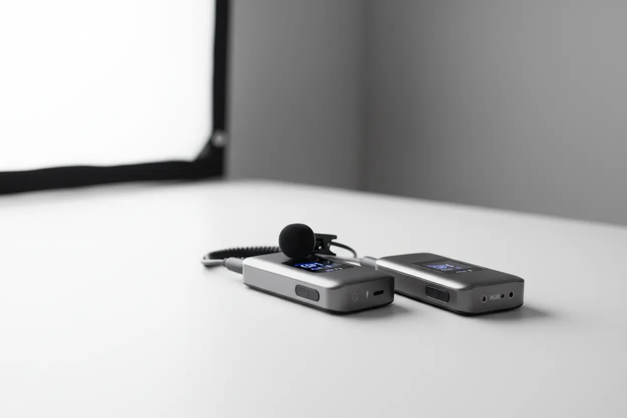 Microfone lapela sem fio moderno em destaque.