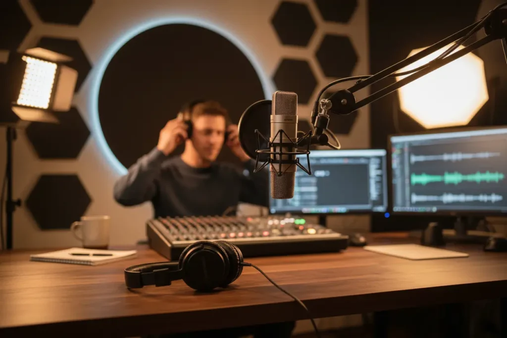 Microfone para podcast profissional em estúdio.