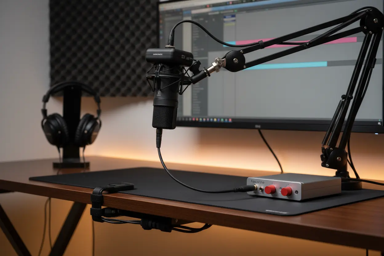 Shure SM7B com pré-amplificador e interface de áudio