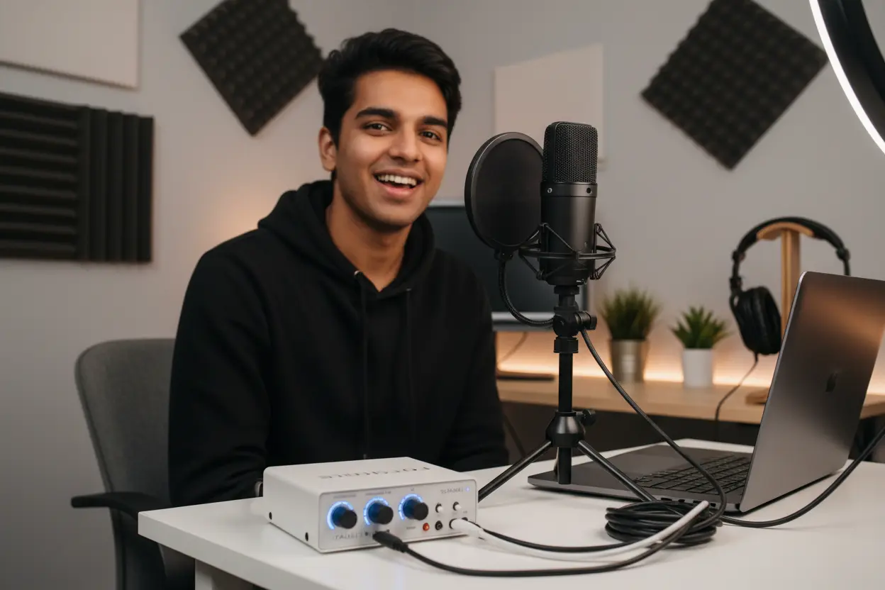 Áudio Profissional Acessível Pessoa usando interface de áudio barata para microfone