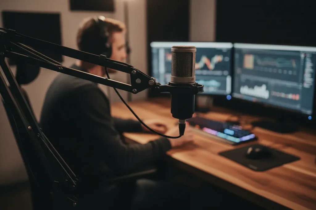 Braço articulado para microfone em uso por um criador de conteúdo.