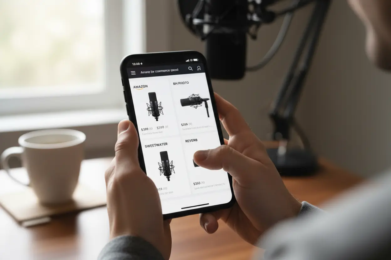 Pessoa comparando preços do Shure SM7B em lojas virtuais