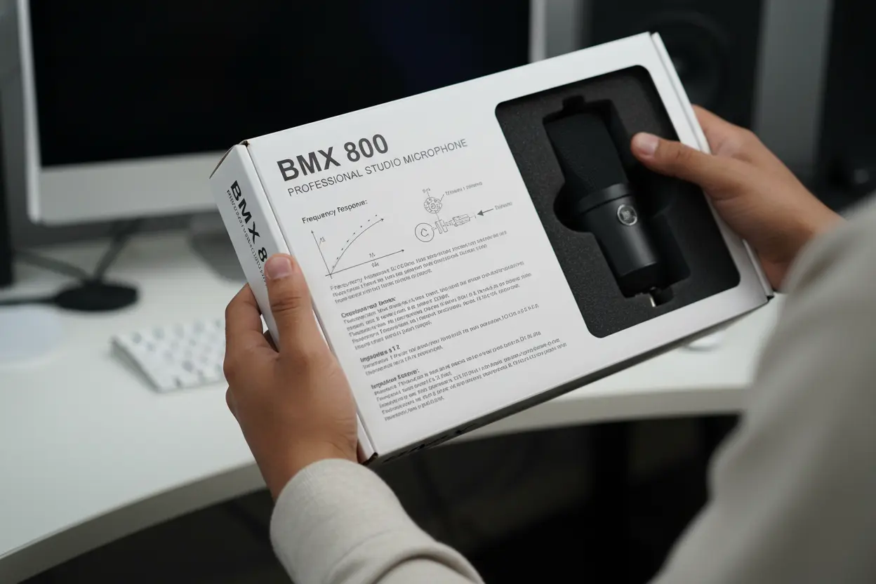 Pessoa lendo especificações técnicas do microfone BMX 800