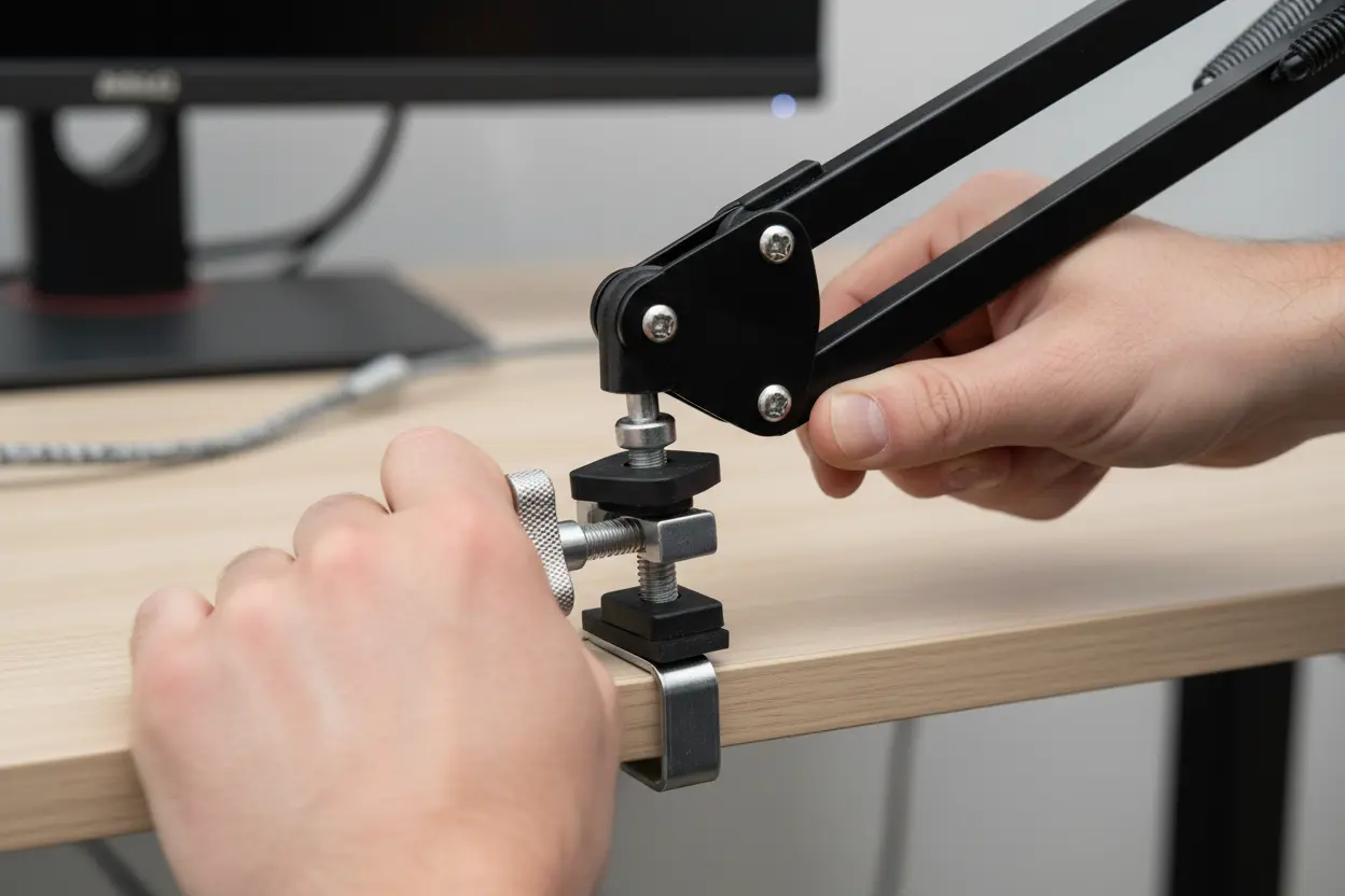 Mãos instalando um braço articulado para microfone na mesa.