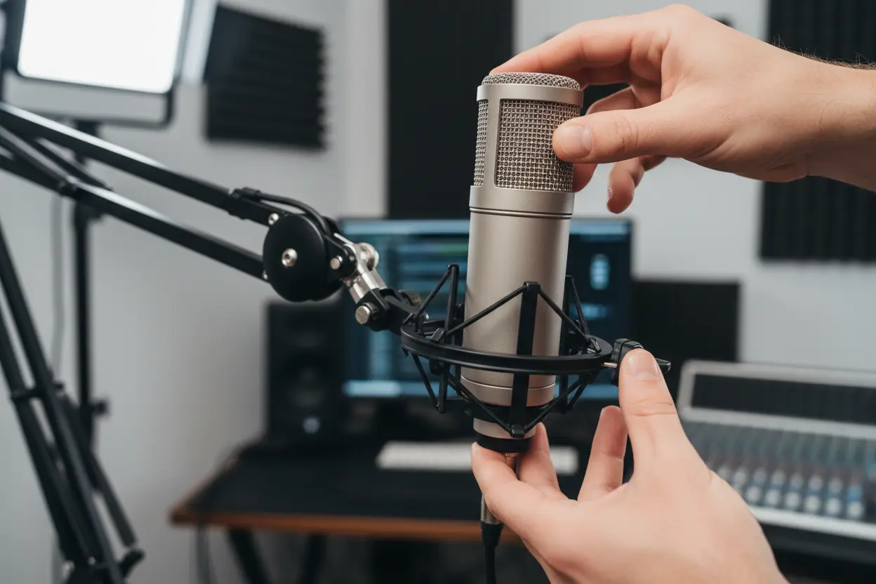 Mãos instalando microfone em shock mount universal