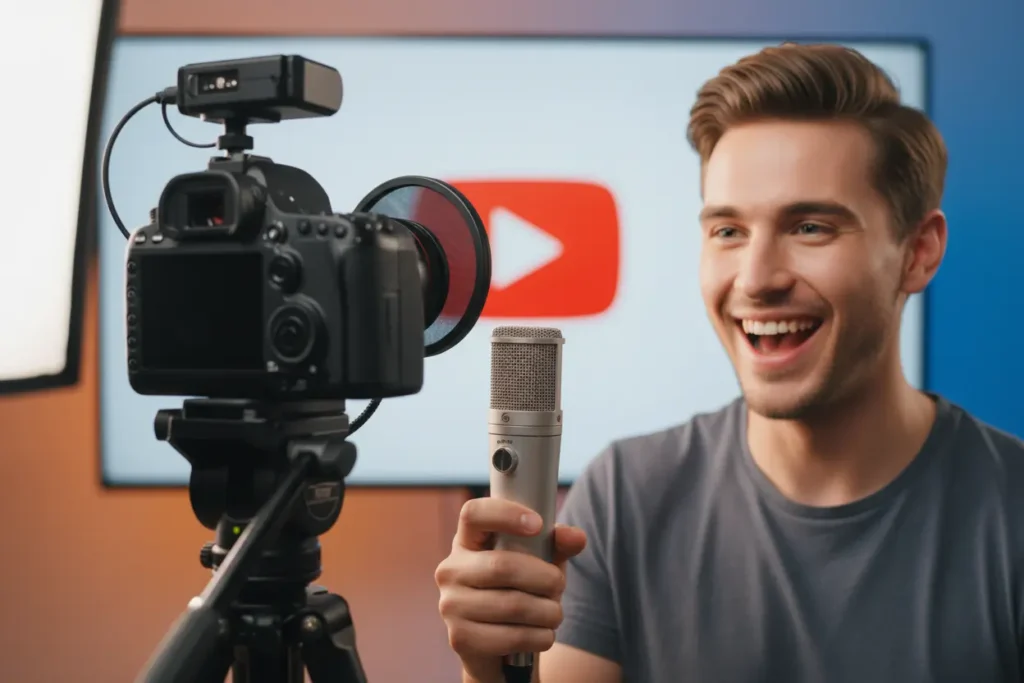 Pessoa gravando vídeo com microfone profissional