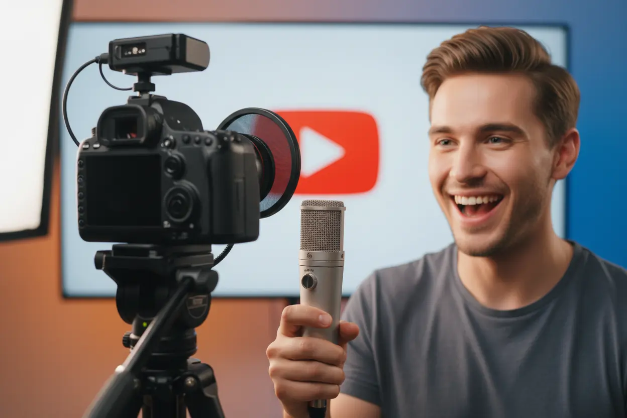 Pessoa gravando vídeo com microfone profissional