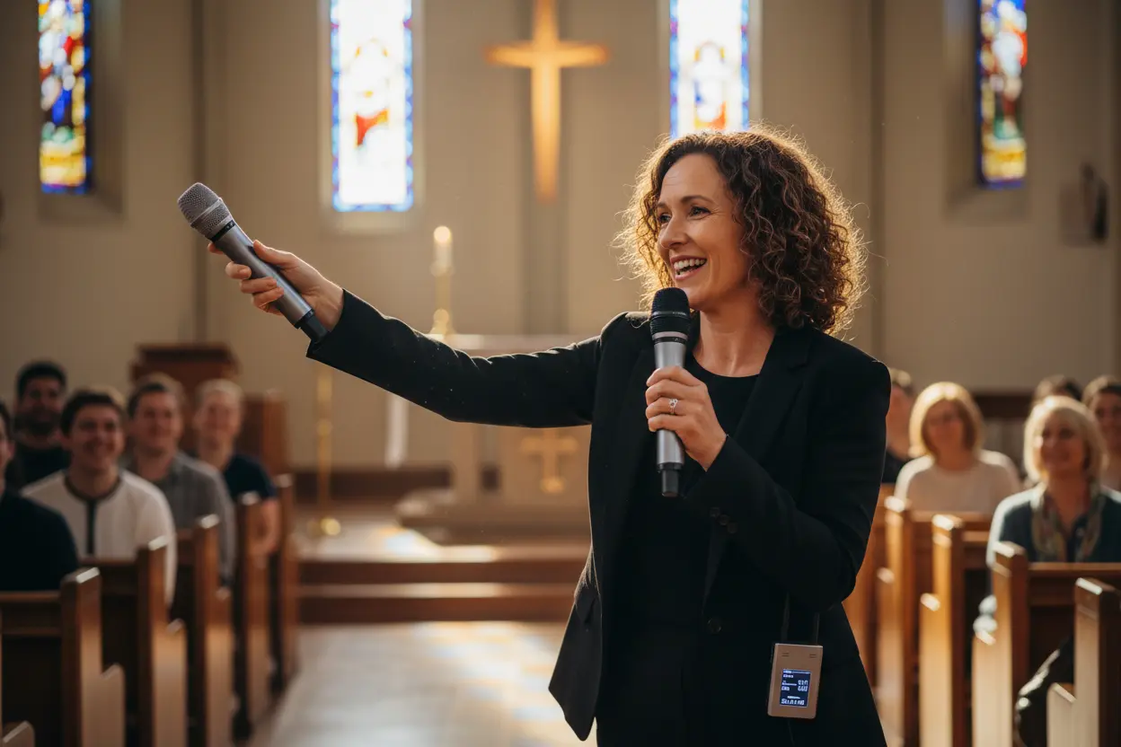 Microfone em Ação: Voz Clara e Livre microfone para igreja sem fio potente