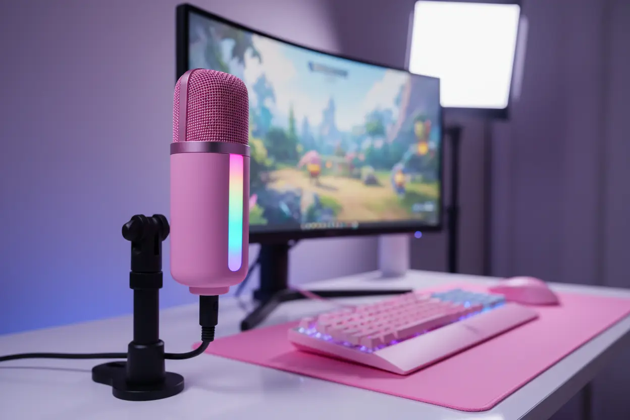 Microfone gamer rosa com RGB em setup