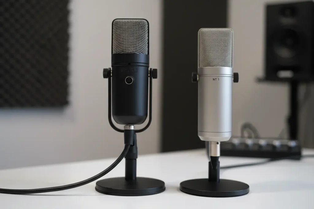 Dois microfones, um dinâmico e um condensador, lado a lado em um estúdio.
