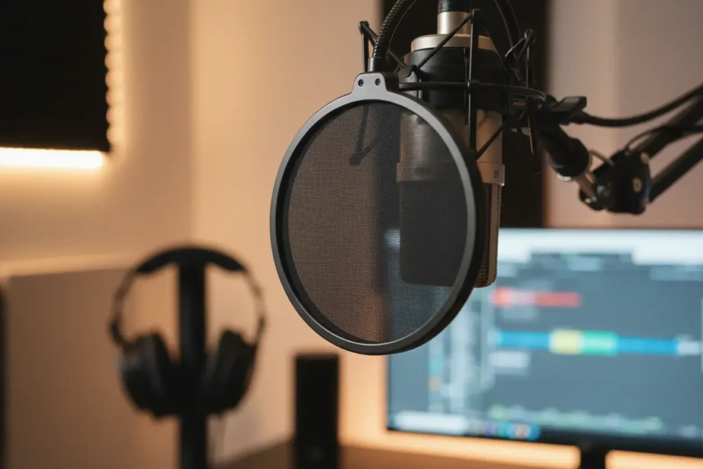 Microfone com pop filter para gravação