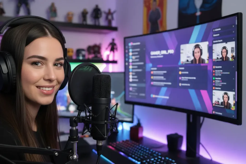 Streamer profissional com microfone de alta qualidade em seu setup.