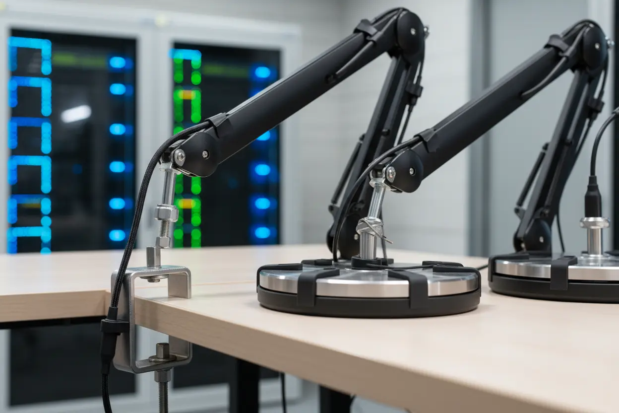 Comparativo de fixações para braços de microfone.