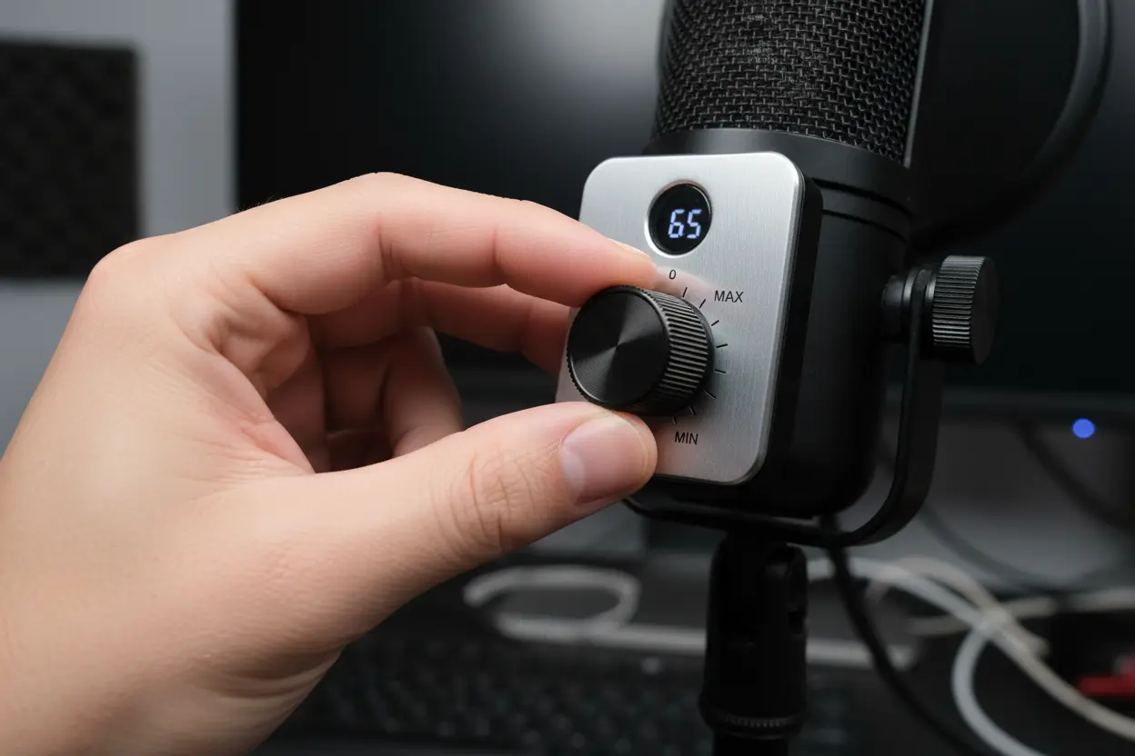 Mão ajustando o botão de ganho em um microfone FIFINE.