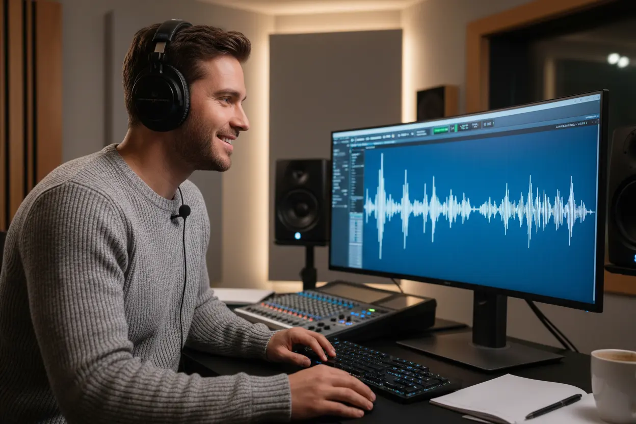 Pessoa revisando áudio limpo no computador após usar microfone de lapela.