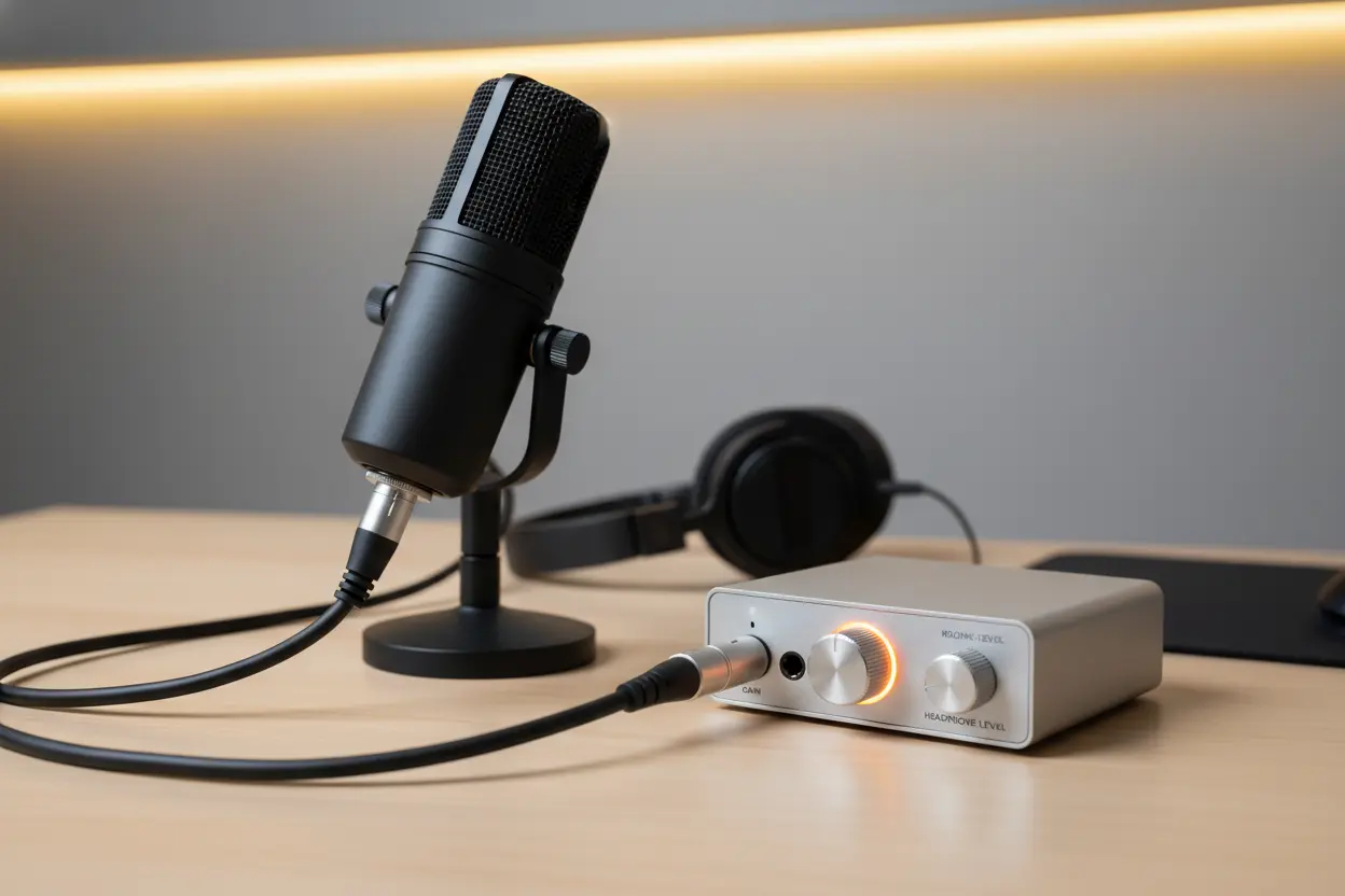 Microfone dinâmico conectado a interface de áudio com pré-amplificador, em mesa.