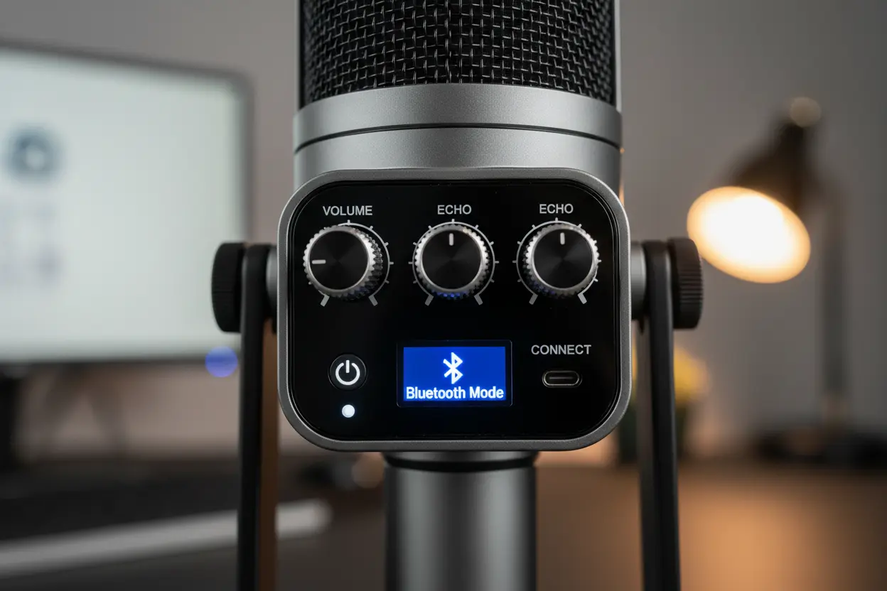 Close-up dos botões de controle de volume e eco no corpo do microfone Voupuoda.